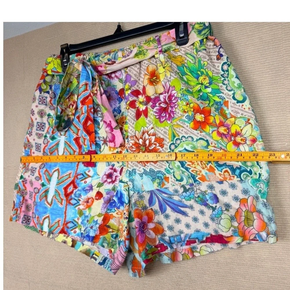 Johnny Was Workshop Floral Patchwork High Rise Belted Shorts Multi Color Boho L